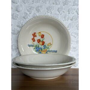 Homer Laughlin 3 Berry Bowls 5 Inch Tulips in Basket Vtg 1942 Embossed Rim